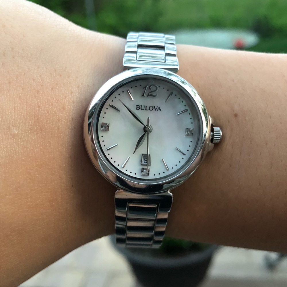Bulova Pearl Faced Silver Watch with Diamonds